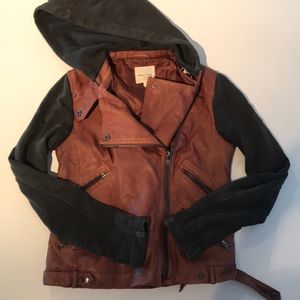 Brown faux leather jacket with hood